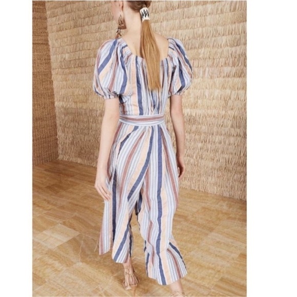 ULLA JOHNSON Elan Off The Shoulder Seersucker Jumpsuit in Sky - Picture 2 of 11
